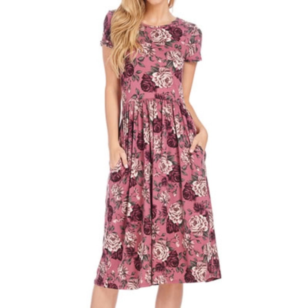 Floral Short Sleeves Midi Dress with Pockets